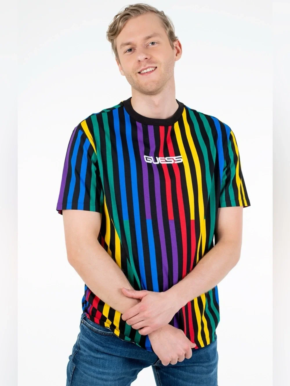 New GUESS Multicolor Vertical Stripe Logo Tee - Black Trim SZ M - Picture 2 of 5